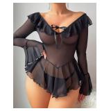 Neohouny Women See Through Lingerie Long Sleeve Rave Outfits Festival Clubwear Ruffle Bell Sleeve Tops Black S