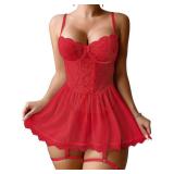 Mixxmix Lingerie for Women Plus Size Sexy Lace Babydoll Set Mesh Lace Up Teddy Sleepwear Red XXL
