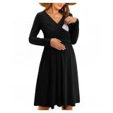 OUGES Womens 2026 V-Neck Maternity Nursing Breastfeeding Baby Shower Dress Long Sleeve Fall Clothes with Pockets(Black,XL)