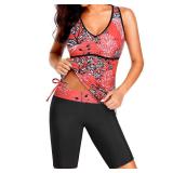 Yonique Women Two Piece Tankini Swimsuits with Shorts Athletic Bathing Suit with Swim Shorts Racerback Swimwear Red Floral XXL