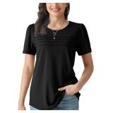 Black Shirts Women Summer Tops Dressy Casual 2025 Short Sleeve Pleated Front Loose Fit M