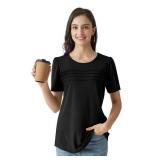 Black Shirts Women Summer Tops Dressy Casual 2025 Short Sleeve Pleated Front Loose Fit M