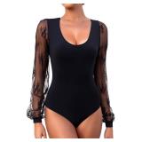 Awffni Lingerie Body Suits Women Womens Thong Double Lined Round Neck Lace Bodysuit For Women(P002S-Black Bodysuit) Small