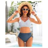 Blooming Jelly Womens High Waisted Bikini Sets Stripe Tummy Control Bathing Suits Ruched 2 Piece Swimsuit (Medium, Blue)
