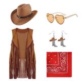 Dwieey Cowgirl Outfits for Girls Kids 6 Pcs Western Costume Accessories Cowboy Hat Fringe Vest Earring for Halloween 5-6 T