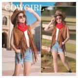 Dwieey Cowgirl Outfits for Girls Kids 6 Pcs Western Costume Accessories Cowboy Hat Fringe Vest Earring for Halloween 5-6 T