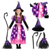 Spooktacular Creations Girls Light Up Bat Witch Tutu Costume, Toddlers Witch Dress with Hat and Broom for Kids Halloween Role Play Themed Parties, Purple Pink, S (5-7 years)