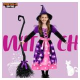 Spooktacular Creations Girls Light Up Bat Witch Tutu Costume, Toddlers Witch Dress with Hat and Broom for Kids Halloween Role Play Themed Parties, Purple Pink, S (5-7 years)