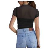 REORIA Womens Summer Sexy Mock Turtle Neck Short Sleeve Slimming Shirts Sheer Mesh Ruched Fashion Night Out Thong Body Suits Tops Black X-Large