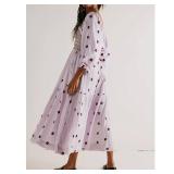 ABYOVRT Women Floral Embroidered Maxi Dress Long Puff Sleeve Square Neck Bohemian Flowy Dress with Pockets Summer Fall (Purple,L)