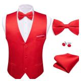 Barry.Wang Mens Red Formal Suit Vest V-neck Regular Fit Casual Waistcoat Bowtie Set for Festival Party XXL