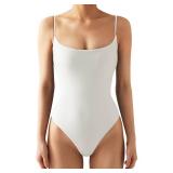 SUUKSESS Women Sexy Square Neck Thong Bodysuit Backless Sleeveless Cami Body Suit Top (White, XS)