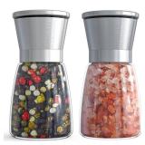 Ebaco Salt and Pepper Grinder Set - Refillable Grinder Adjustable Coarseness of Pepper Salt Spice Stainless Steel Mills Glass 6oz 2 Pack