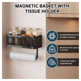 Paper Towel Holder Wall Mount with Spice Rack for Kitchen,Easy One-Handed Operation, 2-in-1 Adhesive Organizer Basketï¼Black Paper Towel Holder with Shelf for Bathroom, RV, Laundry, Garage
