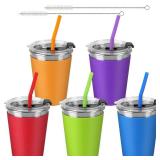 ShineMe 5Pack Kids Cups with Straws and Lids Spill Proof, 12oz Toddler Straw Cups with Colorful Silicone Sleeves, Unbreakable Stainless Steel Water Tumblers for Cold & Hot Drinks