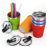 ShineMe 5Pack Kids Cups with Straws and Lids Spill Proof, 12oz Toddler Straw Cups with Colorful Silicone Sleeves, Unbreakable Stainless Steel Water Tumblers for Cold & Hot Drinks