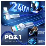USB C to USB C Cable 6.6ft,240W 2-Pack Braided 180°Rotating Type C Charging CableFast Charge for iPhone 15/16/16Pro/16Plus/16ProMax,MacBook Air,iPad Pro,Pixel,Samsung Galaxy S23/S24 Ultra-Blue