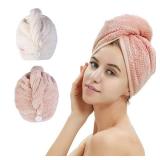 M-bestl 2 Pack Microfiber Hair Towel Wrap,Hair Drying Towel with Button, Hair Towel Turban,Quick Dry,Anti-frizz,Absorbent Head Towel (Pink&Beige)