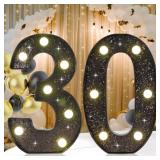 30th Birthday Decorations for Her Him, Decorative LED Light up Numbers for 30th Birthday Party, Glitter Black Marquee Number for for 30 Wedding Anniversary