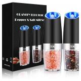 XinXu Gravity Electric Pepper and Salt Grinder Set, Adjustable Coarseness, Battery Powered with LED Light, One Hand Automatic Operation, Black -2 Pack