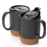 DOWAN Coffee Mugs, 15 oz Mug Set of 2, Large Ceramic Coffee Mug with Cork Bottom and Spill Proof Lid for Mom Dad, Big Mug for Latte Tea, Matte Grey