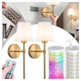 Vimhou Battery Operated Wall Sconce: Peel and Stick Adhesives Stick On Non Drill Wall Light, Rechargeable Wireless Wall Lamp with Battery Corn Bulb for Bedroom Wall Decor (Gold,20inch)