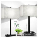 21" Touch Bedside lamps with 2 USB & AC Outlets, 3-Way Dimmable Bedside Table Lamps Set of 2 for Bedroom Living Room Office Reading, Gray Shade Lamps for Night Stands, 5000K LED Bulbs Included