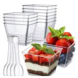Poever 3.8 oz Plastic Dessert Cups with Spoons 50 Pack, Clear Square Mini Dessert Cups Appetizer Cups Parfait Cups Tumbler Cups for Mousse Puddings, Party Supplies