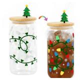 Joyseller Christmas Gifts, 18oz Color Changing Christmas Lights Iced Coffee Can Glass, X-mas Glass Cup with Lid and Straw, Holiday Tumbler