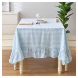 K MASANIJI Light Blue White Plaid Gingham Ruffled Table Cloth Rectangular for Seat 8-10, 100% Washed Cotton Buffet Cottage Coquette Checker Vintage Decorative Tablecloth - 120"x60"