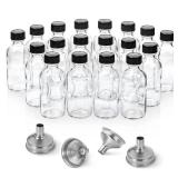 18 Pack, 2 oz Small Clear Glass Bottles w/Lid & 4 Stainless Steel Funnels - 60ml Boston Sample Bottles - Mini Travel Essential or Decorative Bottles for Potion, Juice, Wellness, Ginger Shots, Whiskey
