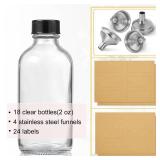 18 Pack, 2 oz Small Clear Glass Bottles w/Lid & 4 Stainless Steel Funnels - 60ml Boston Sample Bottles - Mini Travel Essential or Decorative Bottles for Potion, Juice, Wellness, Ginger Shots, Whiskey