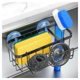 HOKEMOM Kitchen Sink Caddy Organizer with Sponge Holder & Multifunctional Hooks - Dual Suction Cups (18.5lb Hold), 2.0mm Stainless Steel Black Rust-Proof, Non-Slip, 7.09" x 4.33" x 2.76"