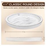 MAONAME Round Wood Serving Tray, 11" Rustic Wooden Decorative Tray, Farmhouse Trays for Coffee Table, Washed White Ottoman Trays for Kitchen, Living Room