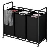 LINZINAR 3-Bag Laundry Basket Hamper Laundry Sorter Cart laundry room organization with Heavy Duty Rolling Lockable Wheels and Removable Bags (Black)