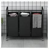 LINZINAR 3-Bag Laundry Basket Hamper Laundry Sorter Cart laundry room organization with Heavy Duty Rolling Lockable Wheels and Removable Bags (Black)