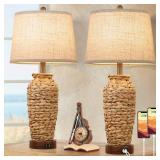 Set of 2 Rattan Table Lamps, 27in Tall Boho Table Lamps with 2 USB Charging Ports, Farmhouse Rustic Woven Seagrass Bedside Lamps for Living Room Bedroom Nightstand End Table, E26 Socket, Cream Shade