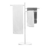 MyGift 40 Inch Tall Matte White Metal Floor Standing Bathroom Towel Holder Rack with 3 Swivel Bars, Spa Pool Hot Tub Valet Accessories Stand for Drying Towels