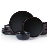 Famiware Mercury Plates and Bowls Sets, 12 Pieces Stoneware Dinnerware Sets, Dishes Set for 4, Microwave and Dishwasher Safe, Black