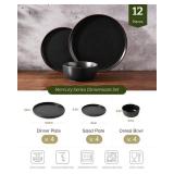 Famiware Mercury Plates and Bowls Sets, 12 Pieces Stoneware Dinnerware Sets, Dishes Set for 4, Microwave and Dishwasher Safe, Black