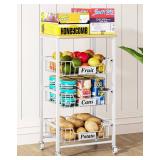 OKZEST 4-Tier Small Kitchen Storage Cart on Wheels with Pull-Out Drawers, Rolling Pantry and Snack Organizer Cart with Wood Top, Kitchen Floor Fruit Basket Stand for Fruit Potato Onion Veggie Snack