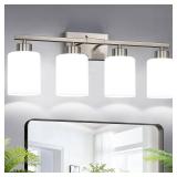 Brushed Nickel Bathroom Light Fixtures with Milk Glass Shades, Eye-Friendly 4 Light Vanity Lights for Bathroom, Vanity Lights with E26 Socket (Bulbs Not Included), for Mirror, Bedroom, Hallway