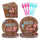 Grencian 96 Pcs Boots or Bows Gender Reveal Decorations What Will Baby Be He or She Paper Plates and Napkins Disposable Blue or Pink Tableware Set for Western Cowgirl Cowboys Gender Reveal Decorations