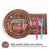 Grencian 96 Pcs Boots or Bows Gender Reveal Decorations What Will Baby Be He or She Paper Plates and Napkins Disposable Blue or Pink Tableware Set for Western Cowgirl Cowboys Gender Reveal Decorations