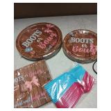 Grencian 96 Pcs Boots or Bows Gender Reveal Decorations What Will Baby Be He or She Paper Plates and Napkins Disposable Blue or Pink Tableware Set for Western Cowgirl Cowboys Gender Reveal Decorations