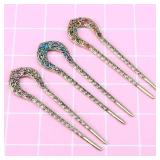 Lurrose Double Prong Hair Pin U Shaped Crystal Chignon HairPin Stick Hairstyle Accessory for Women Girls(Blue)