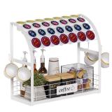 Greatseas Metal K Cup Holder with Wooden Tray, 2-Tier Coffee Bar Organizer with Mug Hooks, Countertop Coffee Pod and Station Accessories White