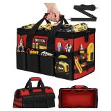 16-Inch Heavy Duty Tool Bag, 19-Pockets Tool Box Organizer, Portable Toolbag W/Soft Handle for Organized Storage, Mechanic Gifts for Him Men Husband Valentines Day, Wide Mouth Electrician Toolbox, Red