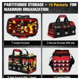 16-Inch Heavy Duty Tool Bag, 19-Pockets Tool Box Organizer, Portable Toolbag W/Soft Handle for Organized Storage, Mechanic Gifts for Him Men Husband Valentines Day, Wide Mouth Electrician Toolbox, Red
