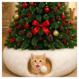 Hollowfly Christmas Cat Bed Tunnel 3ft x 3ft x 9.8in Under Christmas Tree Cat Donut Tunnels for Indoor Kittens White Xmas Winter Plush Peekaboo Cave Toy Collapsible 3 Way for Small Kitten